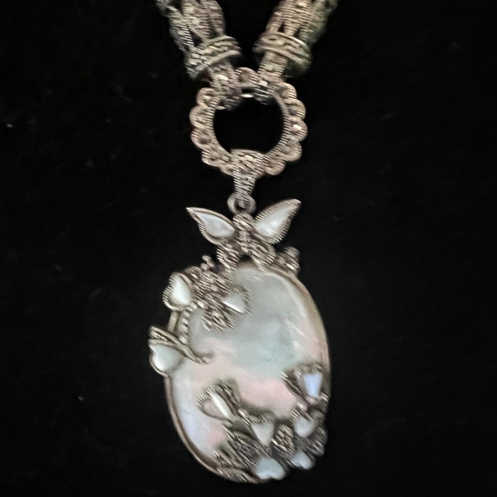 Artisan 925 Silver MOP Marcasite Faceted Iolite Tourmaline Necklace - Picture 5 of 9